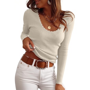 image:imageANRABESS Womens Ribbed Fitted Sweater Long Sleeve Shirts Scoop Neck Lightweight Casual Knit Slim Tops 2026 Fall OutfitsBeige