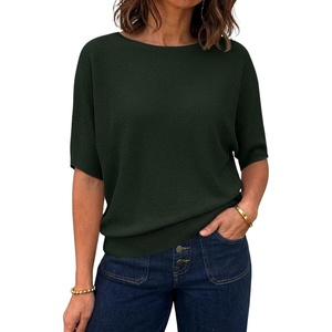 image:imageANRABESS Womens Short Sleeve Sweater Wool Blend Crewneck Lightweight Sweaters Top Summer Spring Business Casual OutfitsDark Green
