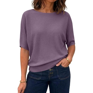 image:imageANRABESS Womens Short Sleeve Sweater Wool Blend Crewneck Lightweight Sweaters Top Summer Spring Business Casual OutfitsGrey Purple