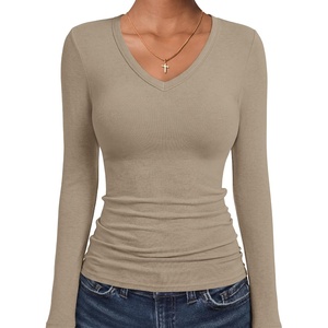 image:imageANRABESS Womens Wool Blend Long Sleeve V Neck Shirts  Comfy Soft Top Slim Fit Knit Daily Travel Going Out Clothes Basic Casual Fall Spring Transition OutfitsLight Khaki