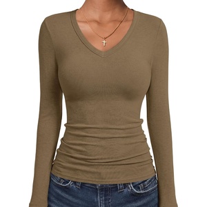 image:imageANRABESS Womens Wool Blend Long Sleeve V Neck Shirts  Comfy Soft Top Slim Fit Knit Daily Travel Going Out Clothes Basic Casual Fall Spring Transition OutfitsLight Brown