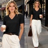 image:imageANRABESS Short Sleeve Sweaters for Women Wool Blend V Neck Sweater Shirts Business Casual Work Tops 2026 Summer OutfitsBlack