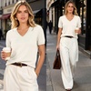 image:imageANRABESS Short Sleeve Sweaters for Women Wool Blend V Neck Sweater Shirts Business Casual Work Tops 2026 Summer OutfitsCream White