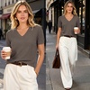 image:imageANRABESS Short Sleeve Sweaters for Women Wool Blend V Neck Sweater Shirts Business Casual Work Tops 2026 Summer OutfitsDrak Taupe