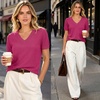 image:imageANRABESS Short Sleeve Sweaters for Women Wool Blend V Neck Sweater Shirts Business Casual Work Tops 2026 Summer OutfitsHot Pink