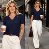 image:imageANRABESS Short Sleeve Sweaters for Women Wool Blend V Neck Sweater Shirts Business Casual Work Tops 2026 Summer OutfitsNavy Blue