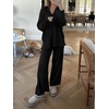 image:imageANRABESS Women Two Piece Outfits Sweater Sets Lounge Waffle Knit Pullover Matching Wide Leg Pants Tracksuit 2026 Fall FashionBlack
