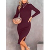 image:imageANRABESS Womens Long Sleeve Mock Neck Slim Fit Ribbed Bodycon Knit Slit Cocktail Sweater Midi Dress 2026 Trendy Fall OutfitsWine Red