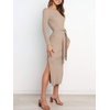 image:imageANRABESS Womens Long Sleeve Sweater Dress Crew Neck Slim Fit Slit Tie Waist 2026 Ribbed Knit Bodycon Midi Dress Fall OutfitsAlmond