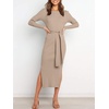 image:imageANRABESS Womens Long Sleeve Sweater Dress Crew Neck Slim Fit Slit Tie Waist 2026 Ribbed Knit Bodycon Midi Dress Fall OutfitsAlmond