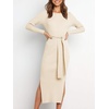 image:imageANRABESS Womens Long Sleeve Sweater Dress Crew Neck Slim Fit Slit Tie Waist 2026 Ribbed Knit Bodycon Midi Dress Fall OutfitsBeige