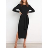 image:imageANRABESS Womens Long Sleeve Sweater Dress Crew Neck Slim Fit Slit Tie Waist 2026 Ribbed Knit Bodycon Midi Dress Fall OutfitsBlack