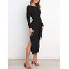 image:imageANRABESS Womens Long Sleeve Sweater Dress Crew Neck Slim Fit Slit Tie Waist 2026 Ribbed Knit Bodycon Midi Dress Fall OutfitsBlack
