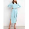 image:imageANRABESS Womens Long Sleeve Sweater Dress Crew Neck Slim Fit Slit Tie Waist 2026 Ribbed Knit Bodycon Midi Dress Fall OutfitsBlue