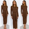 image:imageANRABESS Womens Long Sleeve Sweater Dress Crew Neck Slim Fit Slit Tie Waist 2026 Ribbed Knit Bodycon Midi Dress Fall OutfitsBrown