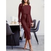 image:imageANRABESS Womens Long Sleeve Sweater Dress Crew Neck Slim Fit Slit Tie Waist 2026 Ribbed Knit Bodycon Midi Dress Fall OutfitsBurgundy