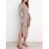 image:imageANRABESS Womens Long Sleeve Sweater Dress Crew Neck Slim Fit Slit Tie Waist 2026 Ribbed Knit Bodycon Midi Dress Fall OutfitsCamel
