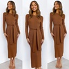 image:imageANRABESS Womens Long Sleeve Sweater Dress Crew Neck Slim Fit Slit Tie Waist 2026 Ribbed Knit Bodycon Midi Dress Fall OutfitsCaramel