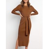 image:imageANRABESS Womens Long Sleeve Sweater Dress Crew Neck Slim Fit Slit Tie Waist 2026 Ribbed Knit Bodycon Midi Dress Fall OutfitsCaramel
