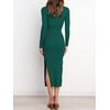 image:imageANRABESS Womens Long Sleeve Sweater Dress Crew Neck Slim Fit Slit Tie Waist 2026 Ribbed Knit Bodycon Midi Dress Fall OutfitsDark Green