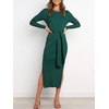 image:imageANRABESS Womens Long Sleeve Sweater Dress Crew Neck Slim Fit Slit Tie Waist 2026 Ribbed Knit Bodycon Midi Dress Fall OutfitsDark Green