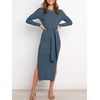 image:imageANRABESS Womens Long Sleeve Sweater Dress Crew Neck Slim Fit Slit Tie Waist 2026 Ribbed Knit Bodycon Midi Dress Fall OutfitsDusty Blue