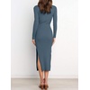 image:imageANRABESS Womens Long Sleeve Sweater Dress Crew Neck Slim Fit Slit Tie Waist 2026 Ribbed Knit Bodycon Midi Dress Fall OutfitsDusty Blue