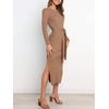 image:imageANRABESS Womens Long Sleeve Sweater Dress Crew Neck Slim Fit Slit Tie Waist 2026 Ribbed Knit Bodycon Midi Dress Fall OutfitsKhaki