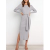 image:imageANRABESS Womens Long Sleeve Sweater Dress Crew Neck Slim Fit Slit Tie Waist 2026 Ribbed Knit Bodycon Midi Dress Fall OutfitsLight Grey
