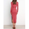 image:imageANRABESS Womens Long Sleeve Sweater Dress Crew Neck Slim Fit Slit Tie Waist 2026 Ribbed Knit Bodycon Midi Dress Fall OutfitsMaroon