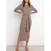 image:imageANRABESS Womens Long Sleeve Sweater Dress Crew Neck Slim Fit Slit Tie Waist 2026 Ribbed Knit Bodycon Midi Dress Fall OutfitsPink Almond