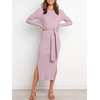 image:imageANRABESS Womens Long Sleeve Sweater Dress Crew Neck Slim Fit Slit Tie Waist 2026 Ribbed Knit Bodycon Midi Dress Fall OutfitsPurple