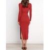 image:imageANRABESS Womens Long Sleeve Sweater Dress Crew Neck Slim Fit Slit Tie Waist 2026 Ribbed Knit Bodycon Midi Dress Fall OutfitsRed