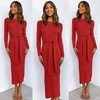 image:imageANRABESS Womens Long Sleeve Sweater Dress Crew Neck Slim Fit Slit Tie Waist 2026 Ribbed Knit Bodycon Midi Dress Fall OutfitsRed