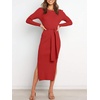 image:imageANRABESS Womens Long Sleeve Sweater Dress Crew Neck Slim Fit Slit Tie Waist 2026 Ribbed Knit Bodycon Midi Dress Fall OutfitsRed