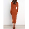 image:imageANRABESS Womens Long Sleeve Sweater Dress Crew Neck Slim Fit Slit Tie Waist 2026 Ribbed Knit Bodycon Midi Dress Fall OutfitsRust