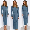 image:imageANRABESS Womens Long Sleeve Sweater Dress Crew Neck Slim Fit Slit Tie Waist 2026 Ribbed Knit Bodycon Midi Dress Fall OutfitsTeal