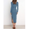 image:imageANRABESS Womens Long Sleeve Sweater Dress Crew Neck Slim Fit Slit Tie Waist 2026 Ribbed Knit Bodycon Midi Dress Fall OutfitsTeal