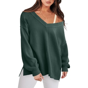 image:imageANRABESS Oversized Long Sleeve Shirts for Women Off the Shoulder Sweatshirt Loose V Neck Tunic Tops High Low Sweater 2026Dark Green