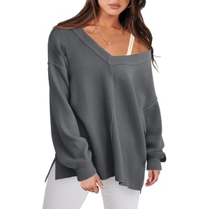 image:imageANRABESS Oversized Long Sleeve Shirts for Women Off the Shoulder Sweatshirt Loose V Neck Tunic Tops High Low Sweater 2026Deep Grey