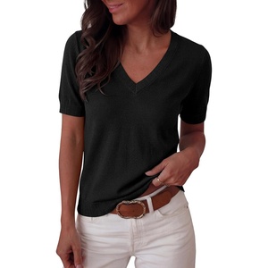 image:imageANRABESS Short Sleeve Sweaters for Women Wool Blend V Neck Sweater Shirts Business Casual Work Tops 2026 Summer OutfitsBlack