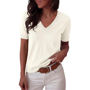 image:imageANRABESS Short Sleeve Sweaters for Women Wool Blend V Neck Sweater Shirts Business Casual Work Tops 2026 Summer OutfitsCream White