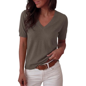 image:imageANRABESS Short Sleeve Sweaters for Women Wool Blend V Neck Sweater Shirts Business Casual Work Tops 2026 Summer OutfitsDrak Taupe