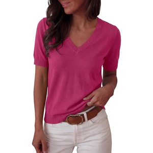 image:imageANRABESS Short Sleeve Sweaters for Women Wool Blend V Neck Sweater Shirts Business Casual Work Tops 2026 Summer OutfitsHot Pink