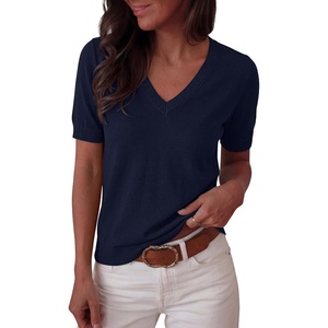 image:imageANRABESS Short Sleeve Sweaters for Women Wool Blend V Neck Sweater Shirts Business Casual Work Tops 2026 Summer OutfitsNavy Blue