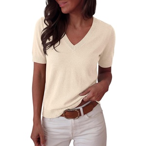 image:imageANRABESS Short Sleeve Sweaters for Women Wool Blend V Neck Sweater Shirts Business Casual Work Tops 2026 Summer OutfitsParchment