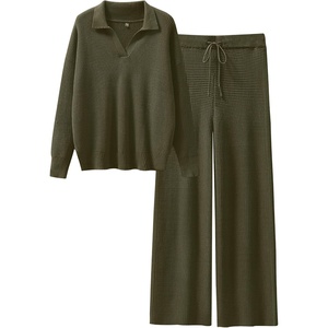 image:imageANRABESS Women Two Piece Outfits Sweater Sets Lounge Waffle Knit Pullover Matching Wide Leg Pants Tracksuit 2026 Fall FashionArmy Green