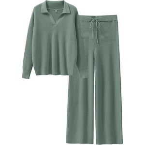 image:imageANRABESS Women Two Piece Outfits Sweater Sets Lounge Waffle Knit Pullover Matching Wide Leg Pants Tracksuit 2026 Fall FashionGreen