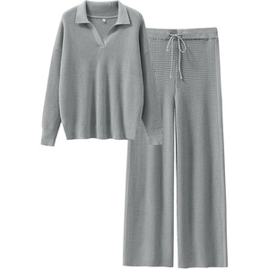 image:imageANRABESS Women Two Piece Outfits Sweater Sets Lounge Waffle Knit Pullover Matching Wide Leg Pants Tracksuit 2026 Fall FashionGrey