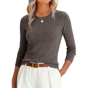 image:imageANRABESS Womens Lightweight Wool Blend Fitted Sweaters  Soft KnitSlimLong Sleeve Crewneck Pullover TopClassic BasicBusiness Casual Work OfficeFall Spring Transition ClothesDrak Taupe